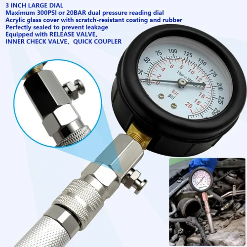 Vista 5 de ZKTOOL Probador de compresión de cilindro de motor de 11 unidades (todos los vehículos) de 300 PSI con M10 M12 M14 M16 M18, kit adaptador