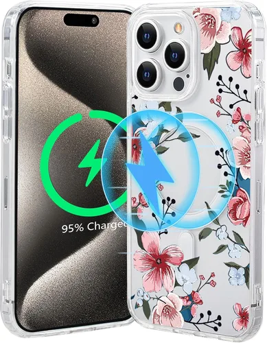Vista 15 de Funda magnética de flores para iPhone 15 [compatible con MagSafe] Bonito patrón floral transparente a prueba de golpes
