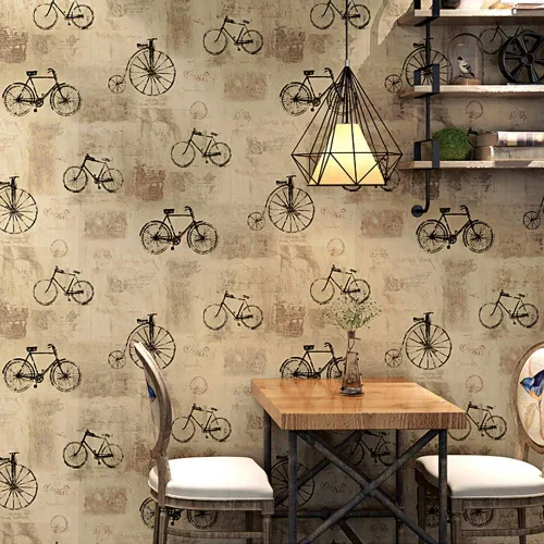 Vista 2 de Q QIHANG Papel pintado de PVC retro estilo industrial Bicicletas alfabeto inglés sala de estar TV fondo pared tienda de ropa cafetería restaurante