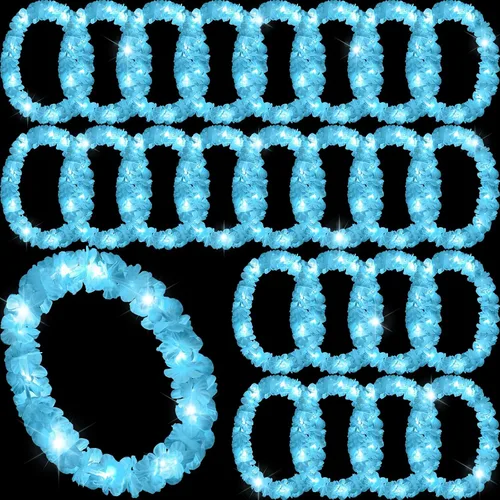 Vista 20 de Sherr 24 piezas de collares de flores hawaianas con luces LED para boda, luces LED para luau, collares de flores hawaianas para playa, carnaval