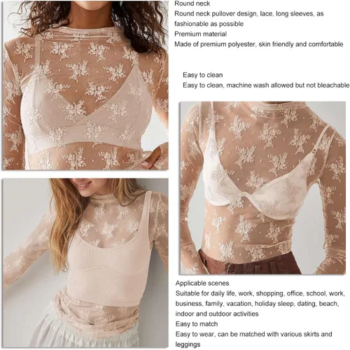 Vista 7 de Camiseta corta de manga larga con encaje y cuello alto para mujer, ajustada, ajustada