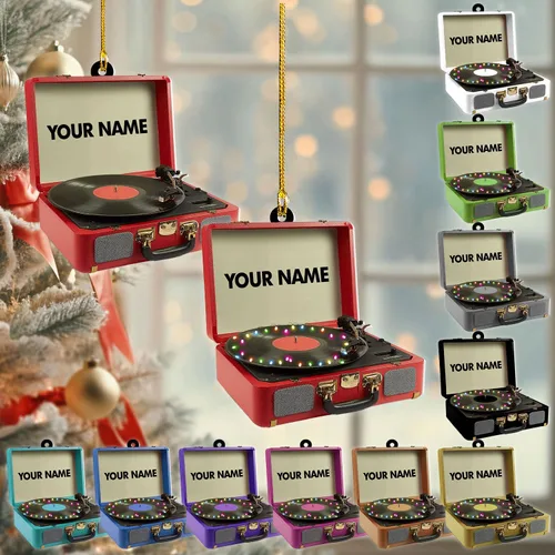 Vista 10 de Adorno de Navidad personalizado, máquina de discos de vinilo, adorno plano 2D, adorno para tocadiscos, instrumento musical, decoración de árbol