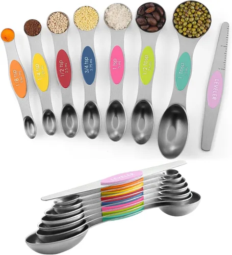 Vista 11 de ChefAide Paquete de 8 Cucharas Medidoras Magnéticas de Acero Inoxidable, de Doble Cara, Apilables, Cucharadita y Cucharada Medidoras Ajustables