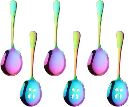 Vista 12 de Meisha - Juego de cucharas de servir, 3 cucharas de servir y 3 cucharas ranuradas, utensilios de servir de acero inoxidable azul para bufé