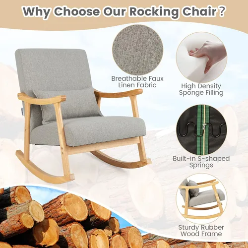 Vista 6 de Giantex Mecedora tapizada – Moderna mecedora con marco de madera de goma, cómodo respaldo y asiento, almohada acolchada de polipropileno, mecedora