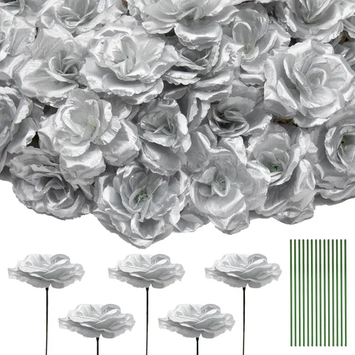 Vista 21 de Eternal Blossom 50 piezas de rosas negras artificiales, flor artificial con tallo, ramo de rosas para decoración, 3 pulgadas de flor falsa de seda