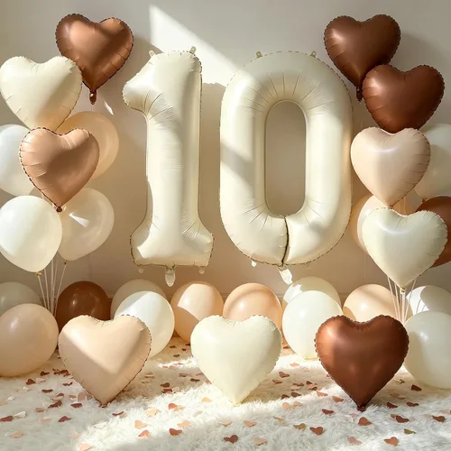 Vista 6 de Globos de 40 pulgadas color crema número 10, 17 piezas de globos de helio grandes con globos de corazón neutros crema nude caramelo beige marrón