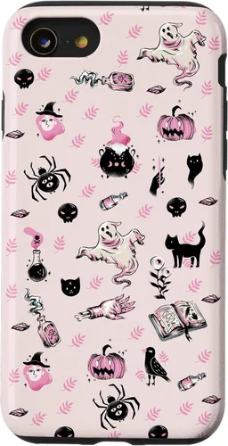 Vista 18 de iPhone 16 Vintage Halloween Case Pumpkins Ghosts Witch Skulls Pink Case