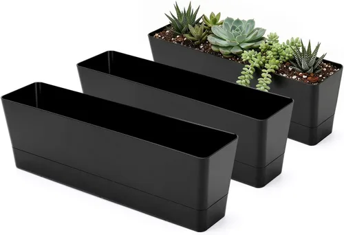 Vista 12 de GREANER Maceteros de hierbas de 12 x 3.8 pulgadas, 1 paquete de cajas rectangulares con bandeja, maceta de plástico para suculentas