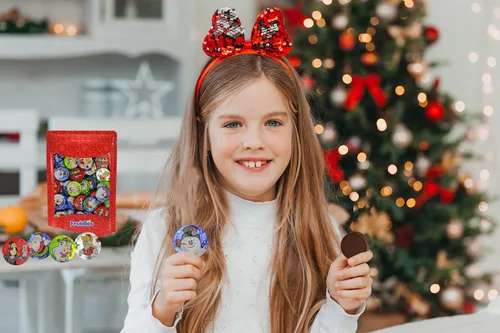 Vista 9 de Fruidles Discos Temáticos de Muñeco de Nieve de Chocolate con Leche Navideño, Doble Crujiente, Rellenos para Bolsas de Fiesta, Envueltos