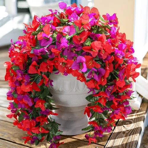 Vista 21 de Flores artificiales de Bouganville falsas para decoración al aire libre, 2 piezas de flores falsas de seda con vides largas colgantes resistentes a