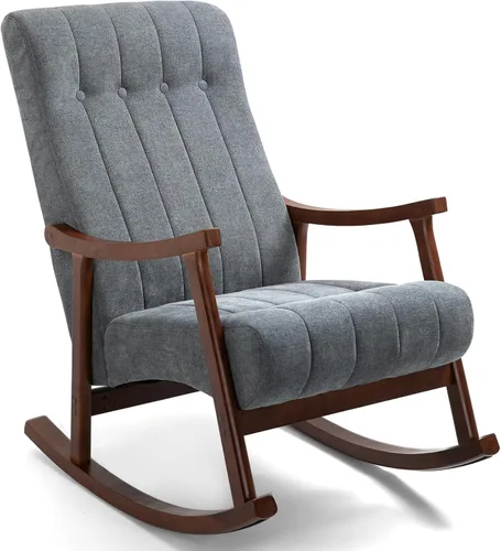 Vista 12 de AVAWING Rocking Chair, Beige Upholstered High Back Solid Wood Armchair