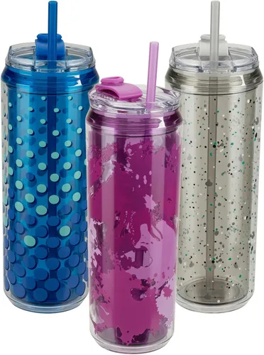 Vista 9 de COOL GEAR Paquete de 3 vasos modernos de 22 onzas con popote reutilizable, apto para lavavajillas, apto para vasos, a prueba de derrames, vaso
