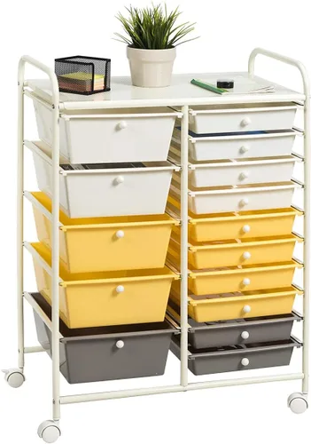 Vista 21 de Carrito de almacenamiento rodante de 15 cajones, carrito de utilidad móvil con ruedas con candado, cajones, carrito organizador multiusos para Negro