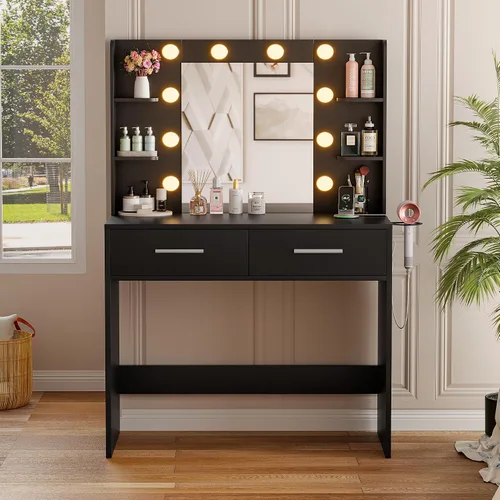Vista 2 de YESHOMY Escritorio de tocador con espejo, mesa de maquillaje, negro oscuro