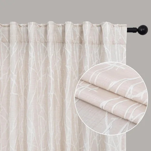 Vista 3 de Pitalk - Cortinas con patrón beige de 63 pulgadas de largo para dormitorio, 2 paneles con pestaña trasera y bolsillo, diseño de ramas de árbol