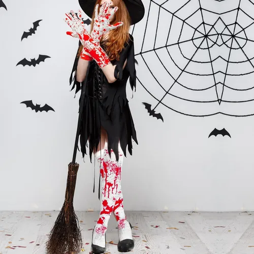 Vista 6 de Famiredo Calcetines altos y guantes para disfraz de Halloween, 1 par de guantes manchados de sangre y 1 par de calcetines manchados de sangre