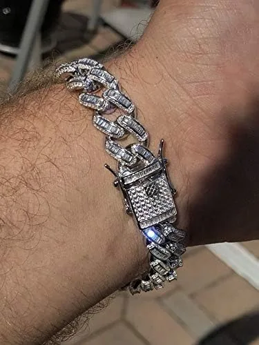 Vista 8 de HarlemBling Solid 925 Sterling Silver - Baguette CZ Iced Mens Miami Cuban Link Bracelet - 12mm - Heavy 62 Grams