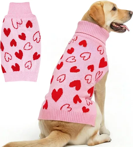 Vista 15 de cyeollo Vestido suéter para perro de San Valentín, suéteres cálidos de cuello alto para perros pequeños y niñas, ropa de punto elástico