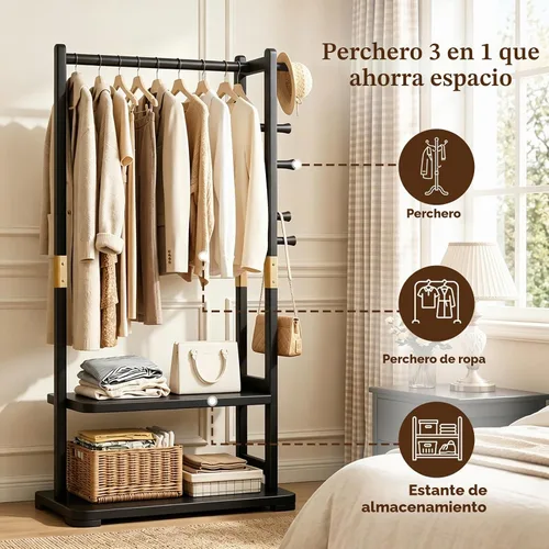 Vista 3 de Taitiy Perchero, perchero independiente de madera maciza, 2 estantes y 5 Negro