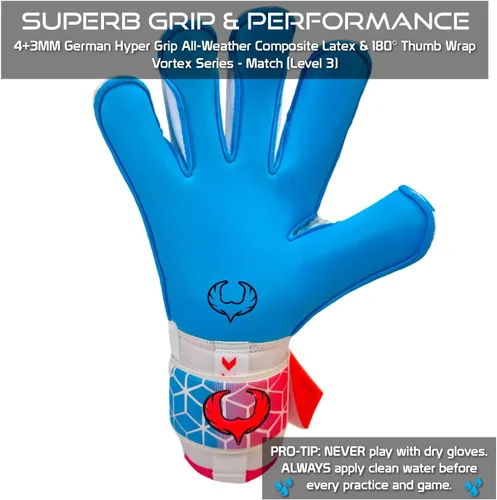 Vista 4 de Renegade GK Vortex - Guantes de portero con protector microbiano (tallas 6-11, 3 estilos, nivel 3) Hyper Grip de 3.5+0.118 in y súper malla