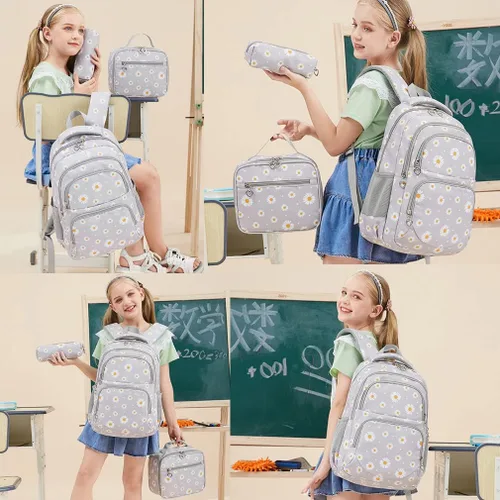 Vista 7 de YJMKOI Mochila con estampado de margaritas para niñas de secundaria y primaria, juego de mochila con lonchera (negro)