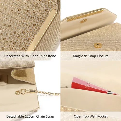 Vista 7 de DETARA Bolsos de noche para mujer, con lentejuelas con purpurina, monederos de mano para mujer, de cristal brillante, falp, formal, boda, fiesta