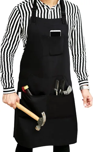 Vista 11 de RUVANTI Delantales de trabajo para hombres y mujeres con bolsillos, ajustables hasta XXL, durabilidad de grado profesional, delantal negro