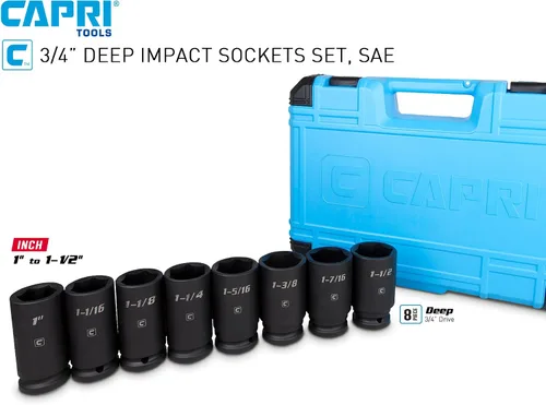 Vista 2 de Capri Tools Juego de llaves de vaso de impacto profundo de 3/4 pulgadas, SAE, CrMo, 8 piezas
