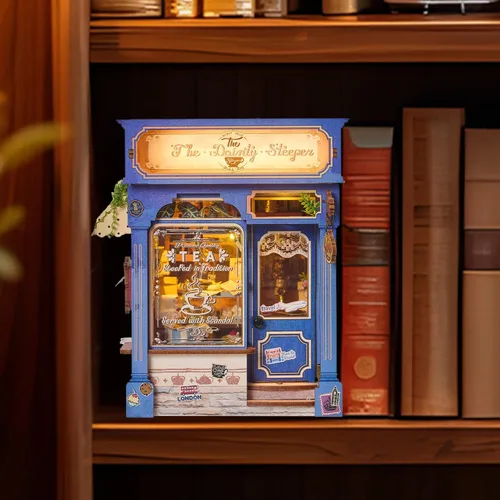 Vista 4 de Kit de rincón de libros, casa de té británica en miniatura, rompecabezas de madera 3D con luces LED, soporte para libros pequeño y decoración