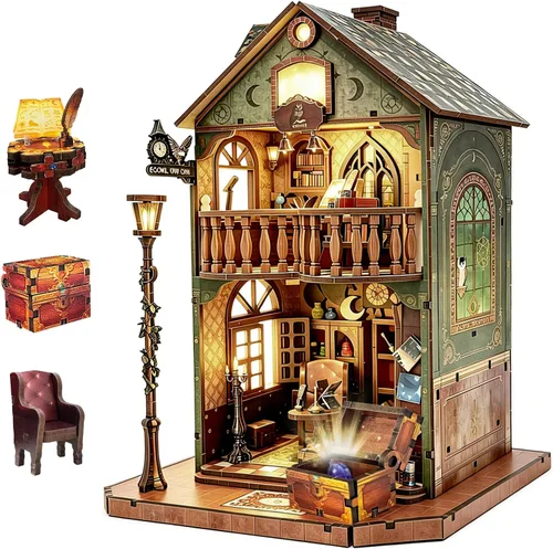 Vista 9 de Kit de rincón de libros, casa en miniatura con luces LED, rompecabezas de madera 3D para adultos, kit de construcción de mini casa de muñecas