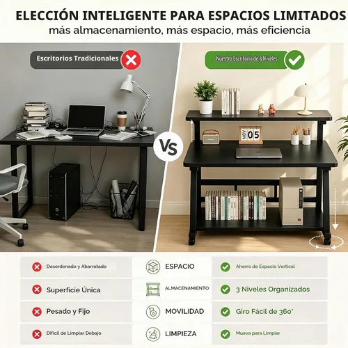 Vista 4 de Escritorio compacto de 31.5 pulgadas para computadora con mesa de trabajo de niveles y ruedas con bloqueo, escritorio pequeño para dormitorio