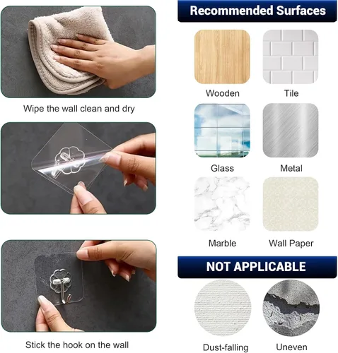 Vista 3 de Ganchos adhesivos para colgar, ganchos de pared resistentes, ganchos transparentes autoadhesivos, ganchos impermeables para toallas y abrigos