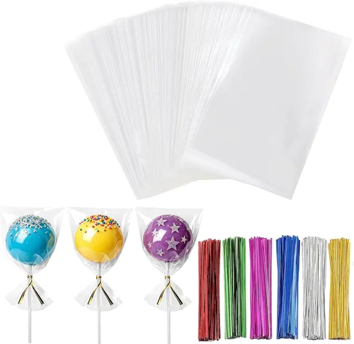 Vista 21 de 200 bolsas de celofán planas de celofán de 4 x 9 pulgadas, transparentes y gruesas, con lazos torcidos de 6 colores, embalaje, galletas, dulces