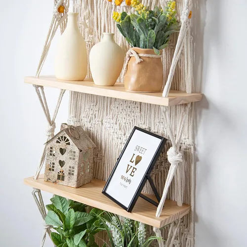Vista 9 de jontell Estante colgante de pared de macramé, estantes de macramé hechos a mano, estante flotante bohemio decorativo para plantas, estante