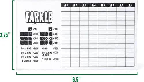 Vista 6 de Brybelly Farkle Scorecards - Juego de 75 hojas de puntuación de repuesto para juegos de dados Farkle para hasta 8 jugadores