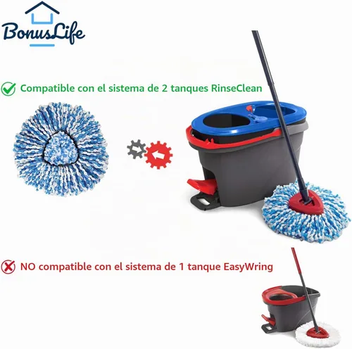 Vista 2 de Recambios de cabezales de trapeador de 2 tanques para O-Ceda RinseClean Dual System, repuestos de microfibra, cabezal de repalce de fregona de fácil