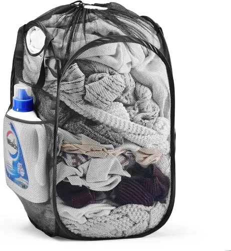 Vista 34 de Cesta de malla desplegable para ropa sucia con asas duraderas - Cesta plegable portátil para dormitorio, baño y viajes (negro)