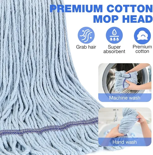 Vista 4 de Trapeador de Cuerda Resistente para Limpieza de Pisos - Trapeador Húmedo Industrial Comercial con Mango de 59 Pulgadas para Limpieza de Hogar