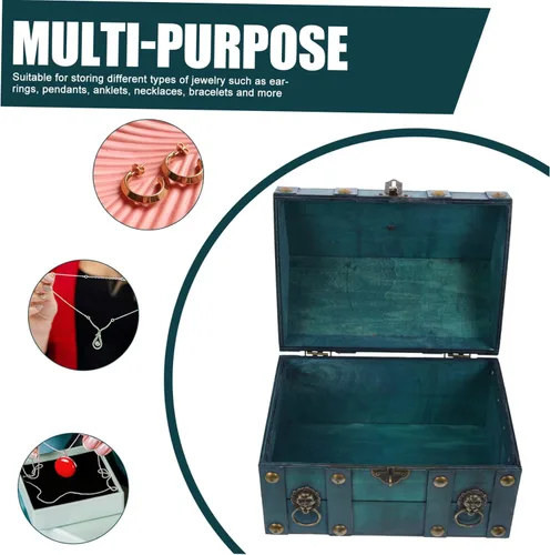 Vista 4 de Joyero de madera estilo retro para aretes, collares, pulseras, caja decorativa del tesoro con tapa, organizador de recuerdos para adultos