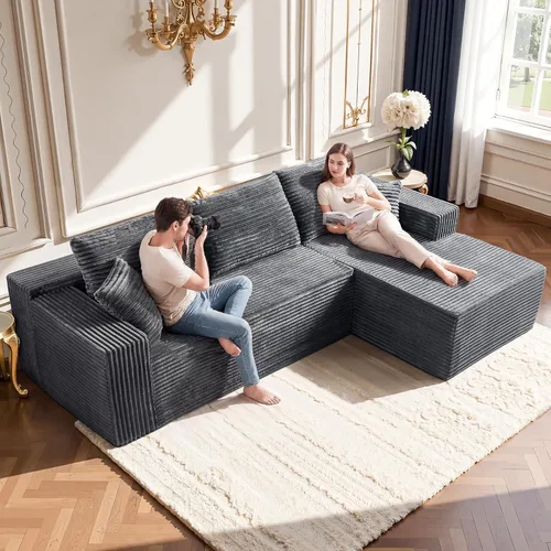 Vista 12 de Sofá seccional negro de 96.9 pulgadas, sofá modular de pana sin hueso con resortes y espuma de alta resistencia, asiento profundo compacto de gran