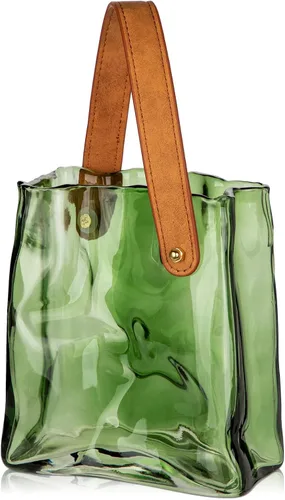 Vista 11 de Florero de bolso de cristal para flores, floreros de ámbar para centros de mesa, florero de bolsa de cristal con asa de cuero, floreros pequeños