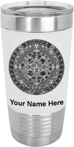 Vista 22 de LaserGram Vaso aislado al vacío de 20 onzas, calendario azteca, grabado personalizado incluido (piel sintética, estilo béisbol)