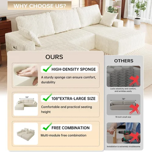 Vista 9 de Sofá seccional en forma de U de 108 pulgadas con otomana, sofá seccional modular de pana con asiento profundo, sofá modular moderno en forma de L