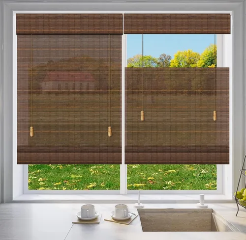 Vista 13 de LETAU Cortinas romanas de bambú para ventana, de arriba hacia abajo, abajo hacia arriba, de madera, filtrado de luz de bambú, patrón 1