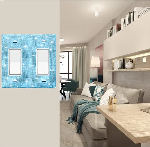 Vista 3 de Cubierta de interruptor de luz con brillantes diamantes de imitación azules, cubiertas decorativas de tomacorrientes, placa de pared doble