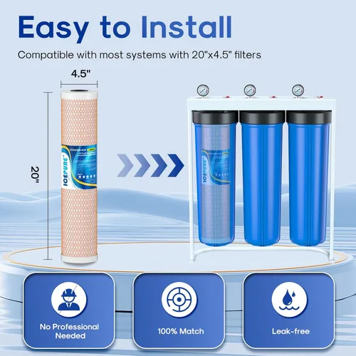 Vista 6 de ICEPURE Filtro de agua de carbón activado y KDF de gran capacidad de 4.5 x 20 pulgadas, filtración de metal pesado para toda la casa, filtro de agua