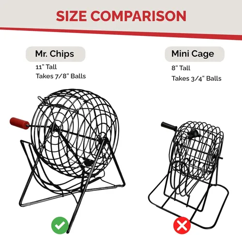 Vista 4 de MR CHIPS Juego de bingo profesional de 11 pulgadas de alto con jaula de acero, bolas eternas de 7/8 pulgadas, tablero maestro para bolas