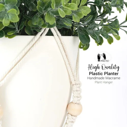 Vista 5 de Mkono Planta colgante falsa con maceta, plantas colgantes artificiales de primavera, colgador de plantas de macramé con vegetación sintética, maceta
