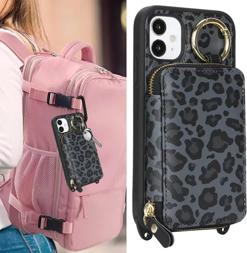 Vista 3 de Funda tipo cartera cruzada para iPhone 11, de piel sintética con cierre de cremallera, estilo bolso de mano, con función atril, ranuras